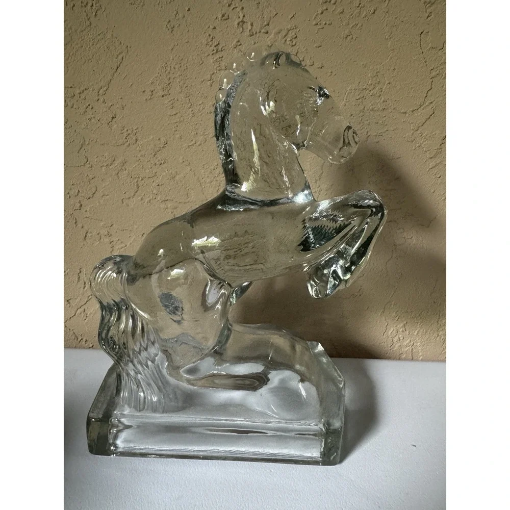Vintage Clear Glass Rearing Horse Sculpture Figurine Bookend Equestrian LE Smith